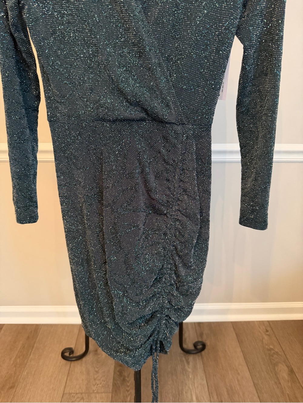 NWT Premier Amour Hunter Green Metallic Shimmer Faux Wrap Ruched Bodycon Dress - Picture 4 of 8